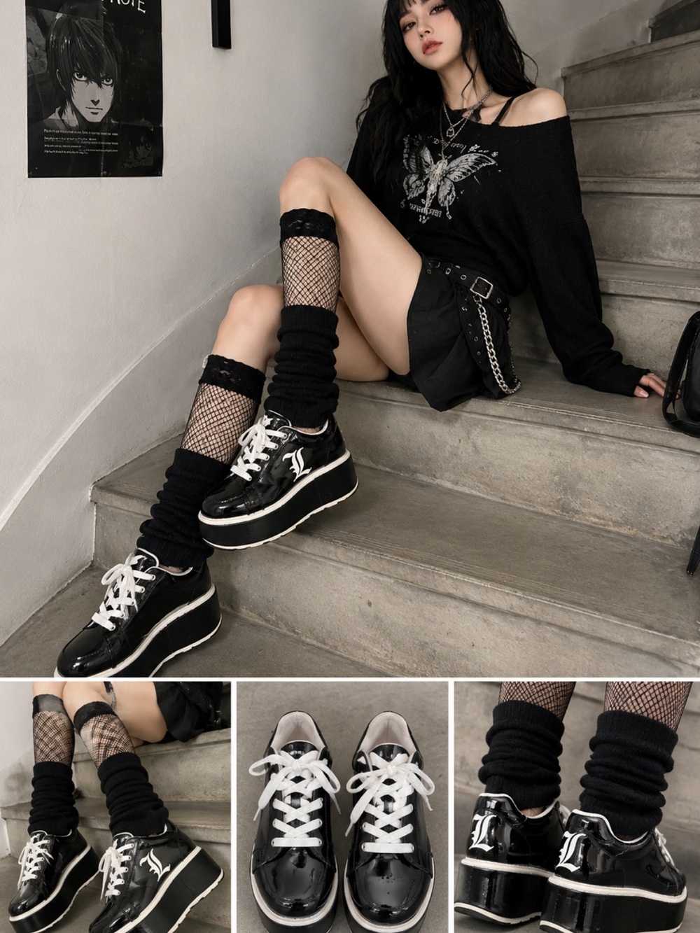 AXNY Black Patent Platform Sneakers Gothic Anime Streetwear Shoes Women’s 6